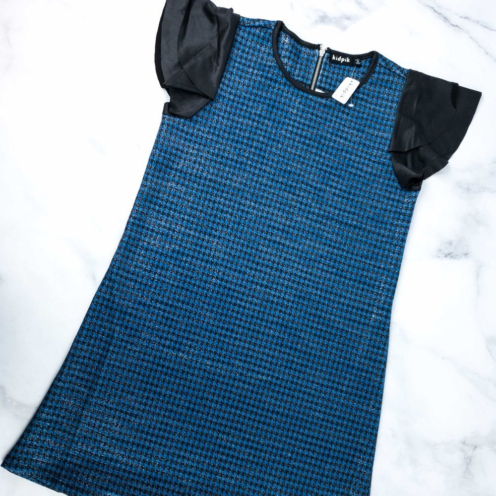 Kidpik Check Pleather Sleeve Blue Dress